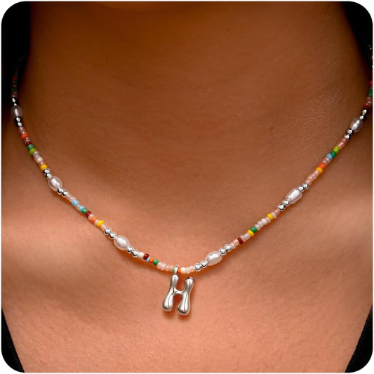 Ritach Initial Necklaces for Women Girls - Christmas Gifts for Grandkids Light Colorful Beaded Pearl Initial Necklace Gold/Silver Bubble Pendant Letter Necklace Stocking Stuffers for Teen Girls Women