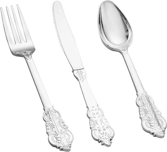 BUCLA 600PCS Silver Plastic Silverware - Heavy Duty Disposable Plastic Cutlery - Include 200 Forks, 200 Spoons, 200 Knives in Silver for Parties, Weddings & Christmas