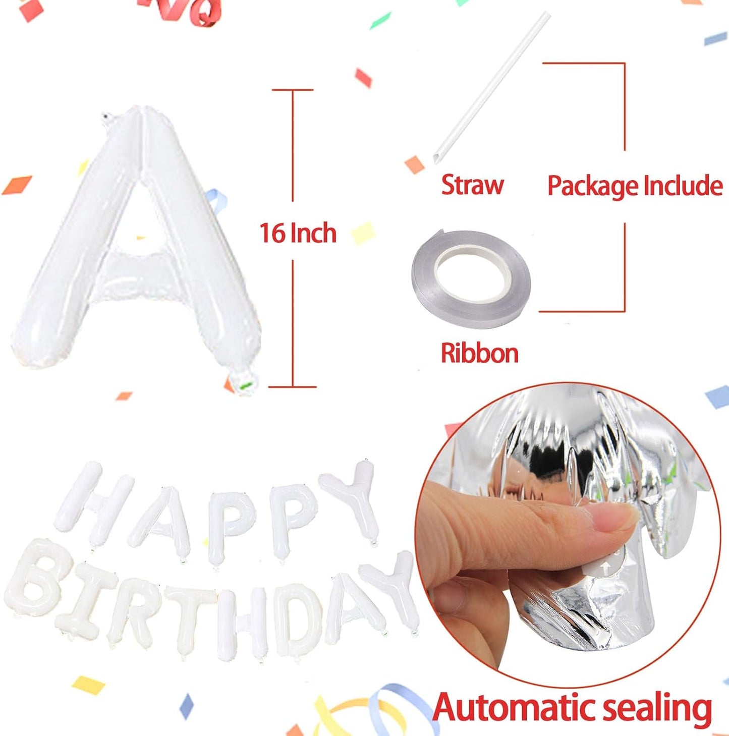 KALOR White Happy Birthday Balloons Banner, 16 Inch Mylar Foil Letters Balloon Sign for Women, Men, Boys & Girls Kids Birthday Decorations Photo Backdrop