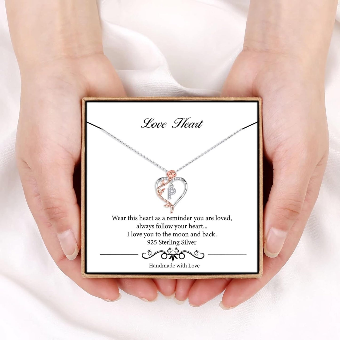 Iefil Christmas Gifts for Women Wife - 925 Sterling Silver Rose Heart Initial Necklace, Anniversary Birthday Gifts for Women, Jewelry Gift for Her Wife Girlfriend Mom Daughter