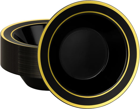 50 Pack Black Disposable Bowls with Gold Rim, 12oz Black Plastic Soup Bowls for Party, Wedding, Holiday,And Halloween