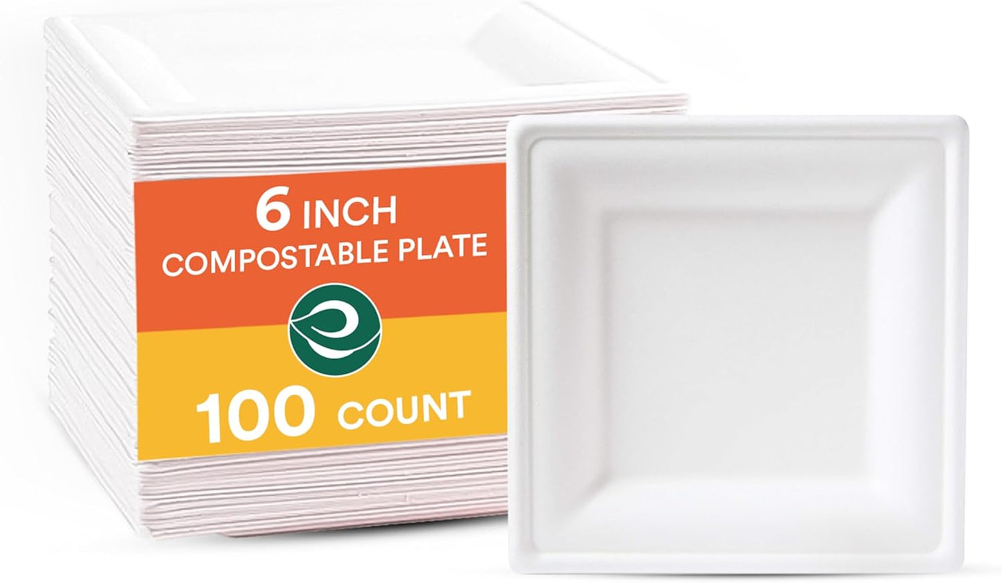 ECO SOUL Compostable Paper Plates 6 Inch (100 Count) Heavy Duty Disposable Dessert Plates, Eco-Friendly Sugarcane Bagasse Small Plates For Appetizer- White