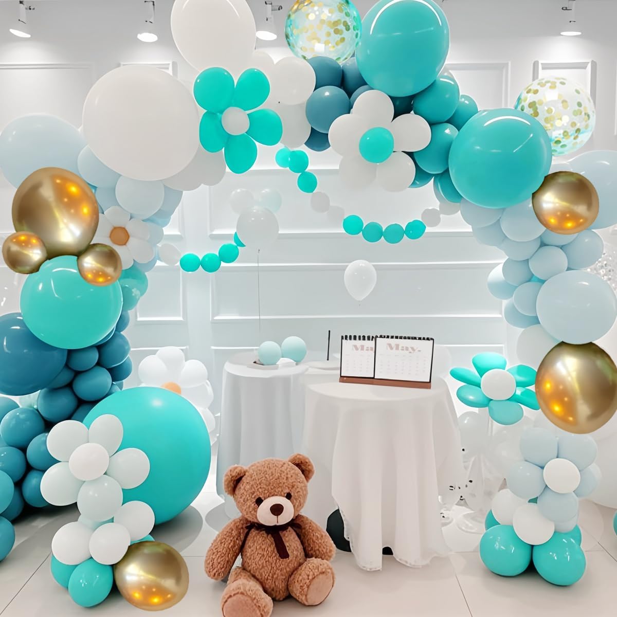 Teal Balloons Garland Arch Kit, 147PCS Teal Blue Turquoise Green Metallic Gold Balloons with Confetti for Wedding Baby Shower Birthday Party Decorations