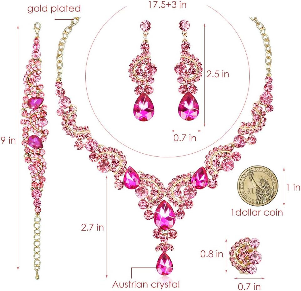 CSY Elegant Crystal Necklace Earrings Bracelet Ring Bridal Wedding Party Costume Jewelry Sets for Brides Women