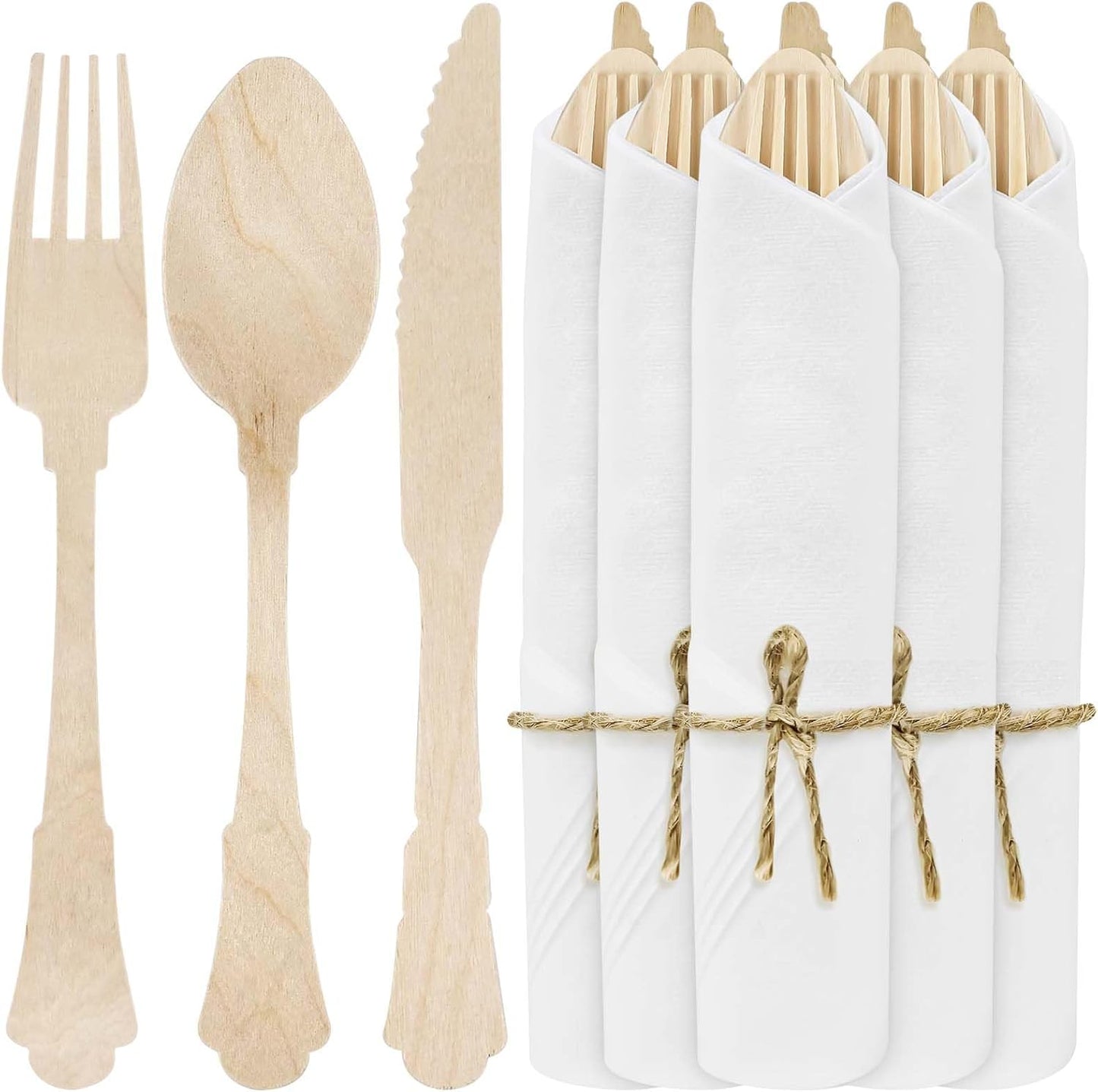 30Pack Pre Wrapped Disposable Wooden Cutlery - Pre Rolled Wooden Cutlery with Napkins, Wrapped Wooden Silverware Set Disposable, Biodegradable Disposable Wooden Cutlery with Napkins for Wedding