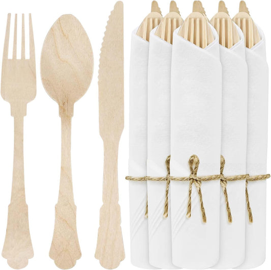 30Pack Pre Wrapped Disposable Wooden Cutlery - Pre Rolled Wooden Cutlery with Napkins, Wrapped Wooden Silverware Set Disposable, Biodegradable Disposable Wooden Cutlery with Napkins for Wedding