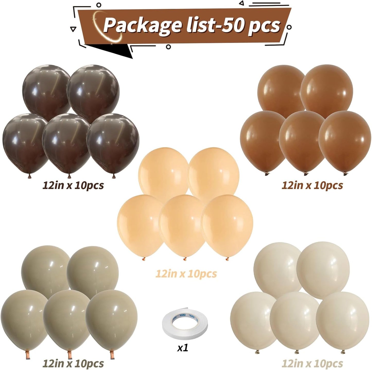 Brown Balloons, 50 PCS 12 Inch Double Stuffed Dark Brown Coffee Tan Latex Helium Party Balloons Sand White Nude Boho Neutral Balloon for Bear Birthday Baby Shower Wedding Thanksgiving Party Decoration