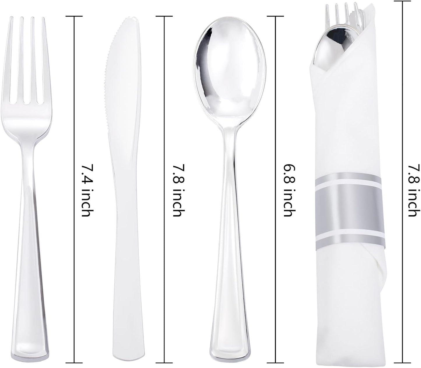 Liacere 100 Pack Silver Plastic Silverware-Pre Wrapped cutlery and Napkin-Pre Rolled Silverware Disposable 100 Forks, 100 Knives 100 Spoons, 100 Napkins Plastic Utensils＆Father's Day＆Independence Day