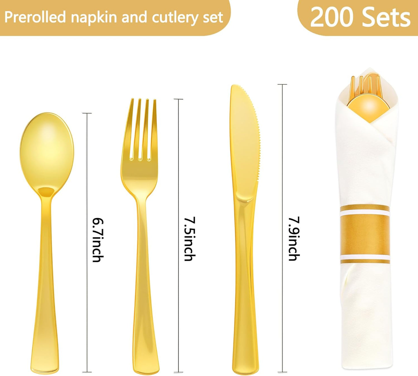 200 Pack Pre Rolled Gold Plastic Silverware Set,Wrapped Plastic Cutlery Set with Napkin Include 200 Forks,200 Spoons,200 Knives and 200 White Napkins for Party,Wedding