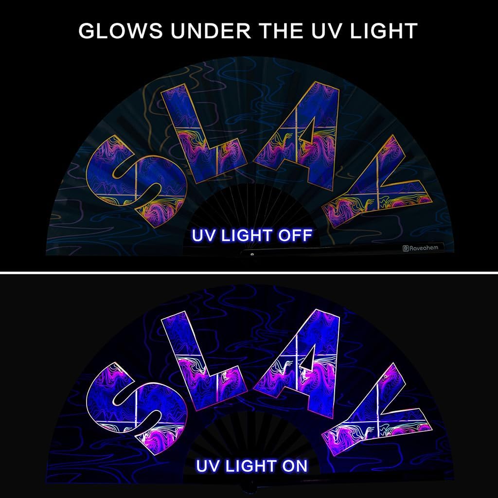 UV Glow Rave Fan, Bamboo Folding Clack Hand Fans Foldable for Men Women, Boots on the Ground Poping Fan for EDM Festival Line Dance Decoration, (Slay, Large 13")
