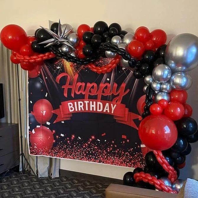 Red and Black Silver Balloon Arch Kit - 201Pcs Explosion Star Red Black Metallic Silver Balloon Garland kit Different Size Balloons for Anniversary Birthday Racing Car Poker Party Decoration
