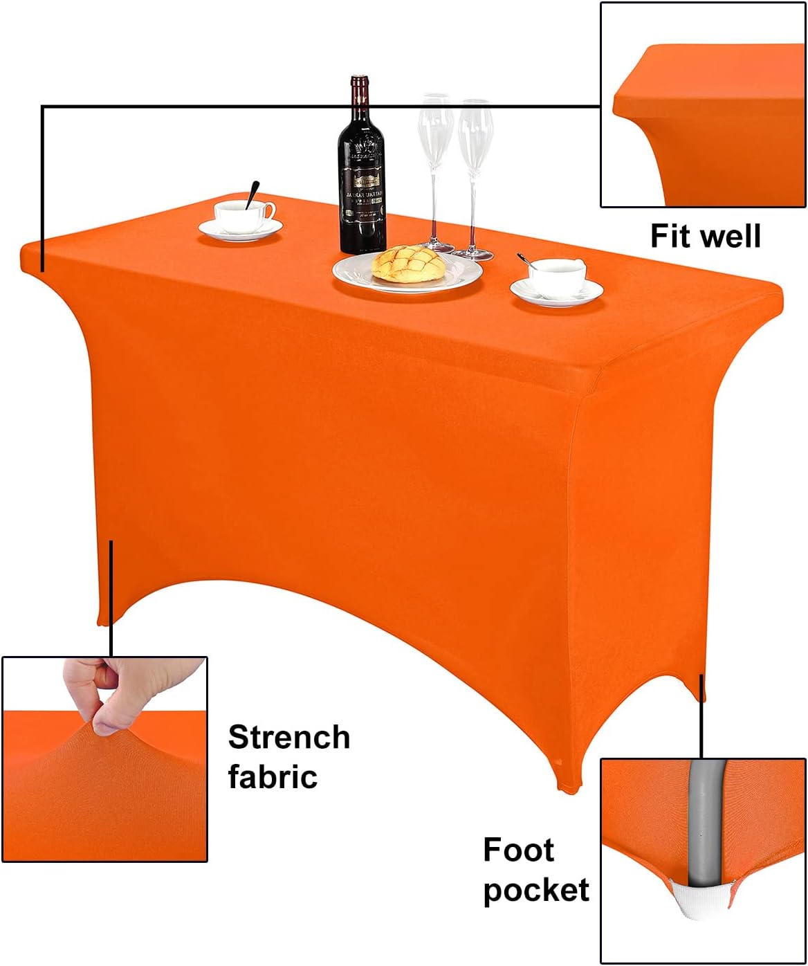 FORLIFE Spandex Table Covers，Fitted Tablecloth for Rectangular Tables, Stretch Patio Table Covers, Universal Spandex Table Cover for Wedding, Banquet, Party (4ft, Orange)