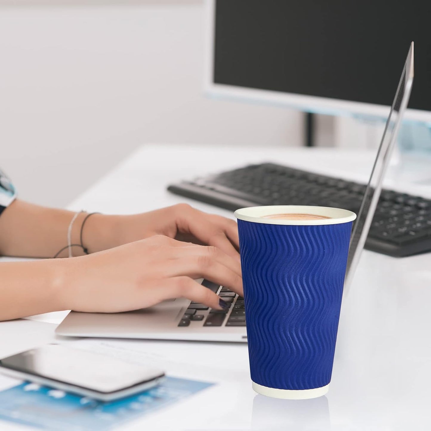 JollyPack Paper Coffee Cups, 16 oz, Blue, 60 Pack, Heat Resistant, Disposable, Ripple Wall, for Coffee, Tea, Hot Chocolate