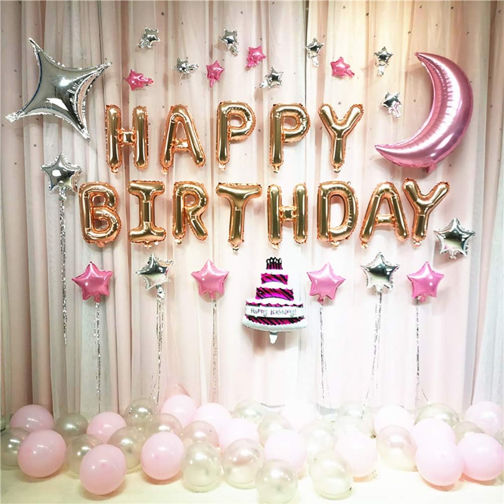 KALOR Rose Gold Happy Birthday Balloons Banner, 16 Inch Mylar Foil Letters Balloon Sign for Women, Men, Boys & Girls Kids Birthday Decorations Photo Backdrop