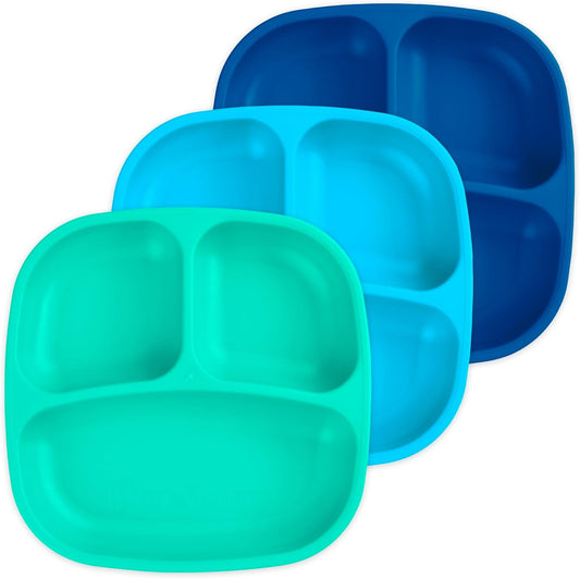 Re-Play Toddler Plates with Dividers - Deep-Walled 3 Compartments Divided Plates for Kids - Dishwasher & Microwave Safe - Made in USA - Set of 3-7.37" x 7.37" x 1.25" - A True Blue