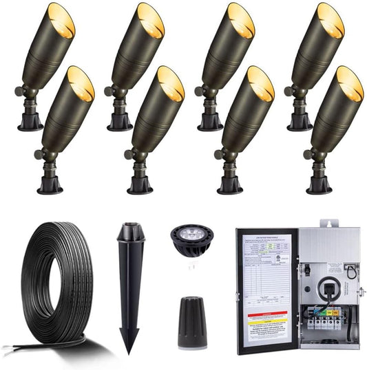 Gardenreet Brass Low Voltage Landscape Spotlights(8 Pack) Kit 12V LED with 150W Low Voltage Transformer and Mechanical Timer and 100 Feet Wire and 40Pack Connectors for Outdoor House Garden Patio