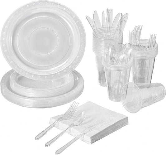 FULING 175 PCS Clear Party Supplies Disposable Dinnerware Set Plastic Plates and Paper Napkins Cups Silverware Serve 25 Sets for Birthday Bridal Shower Wedding Engagement Graduation Parties
