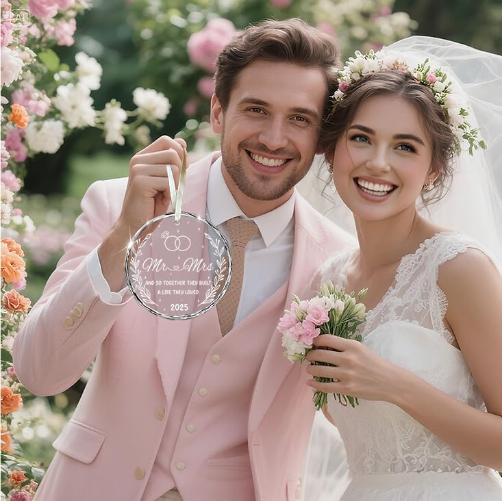 First Christmas Married Ornament 2025 - Mr and Mrs Sign Wedding Gifts for Couples, Newlyweds - Bridal Shower Present, Bride to Be Just Married Decoration