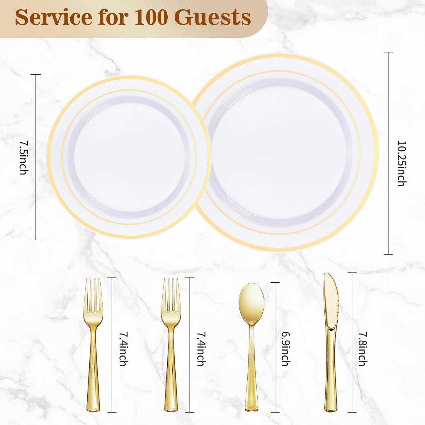 BESTVIP 600PCS Gold Plastic Plate Set (100 Guests), Plastic Plates for Party Wedding Birthday, Disposable Dinnerware Set of 200 Plates, 200 Forks, 100 Spoons, 100 Knives for Christmas, Thanksgiving