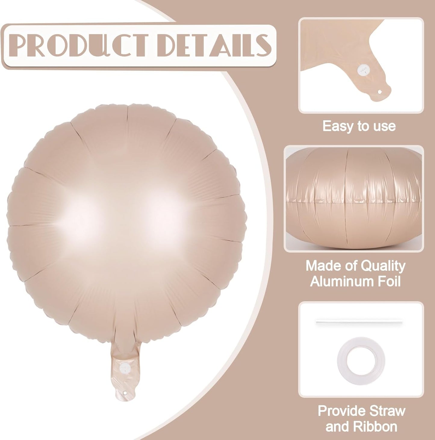 20 Pcs Beige White Round Shaped Balloons,18 Inch Round Foil Balloon,Giant Round Mylar Balloon Helium Balloons for Birthday Party Baby Shower Wedding Decorations (Caramel)