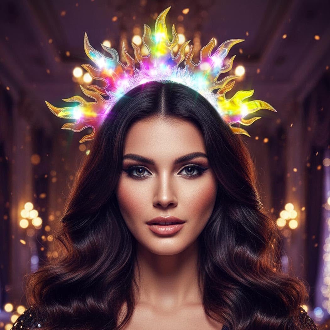 DRESBE Light Up Sun Crown Headband Glow Costume Headbands LED Flame Party Hair Accessories for Women (Colorful Light)