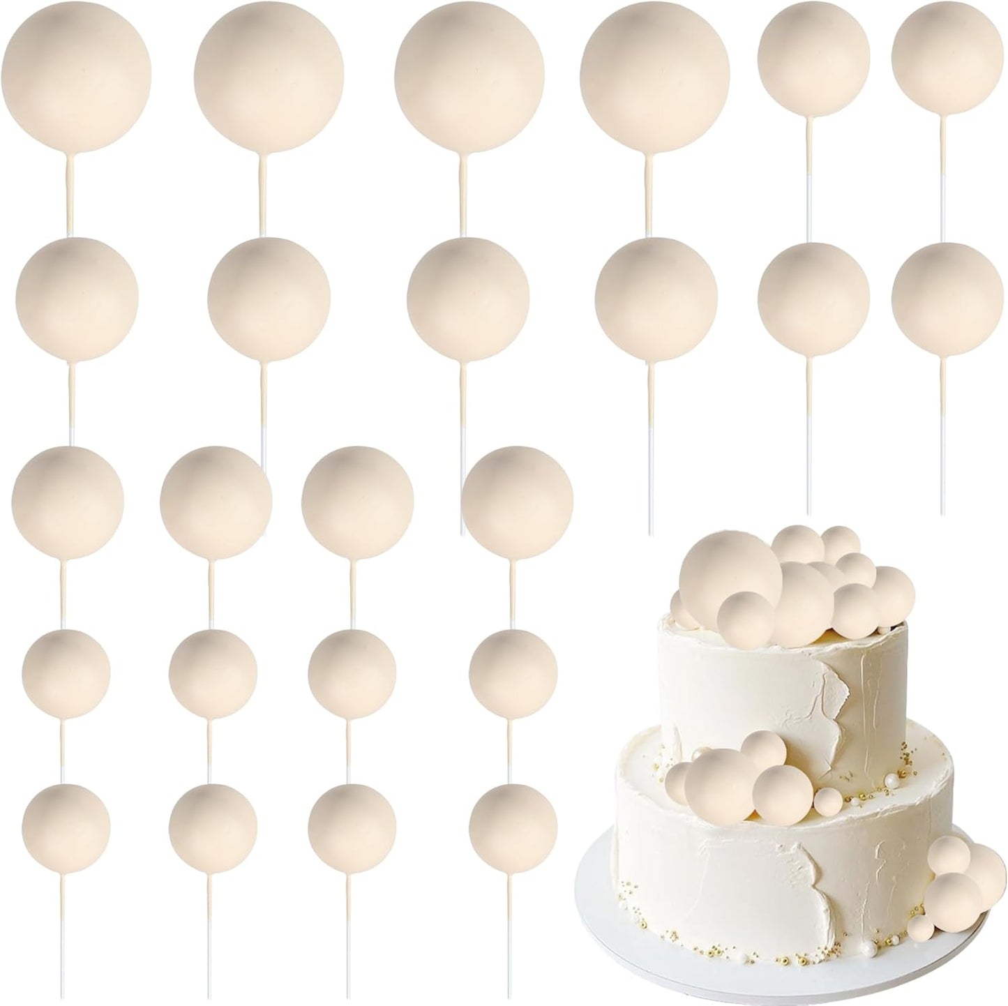 24 PCS Ball Cupcake Toppers Balls Cake Toppes Foam Balls Cupcake Picks DIY Mini Balloon Cake Inset Topper for Baby Shower Birthday Favor Wedding Anniversary Party Cake Decorations Supplies Khaki