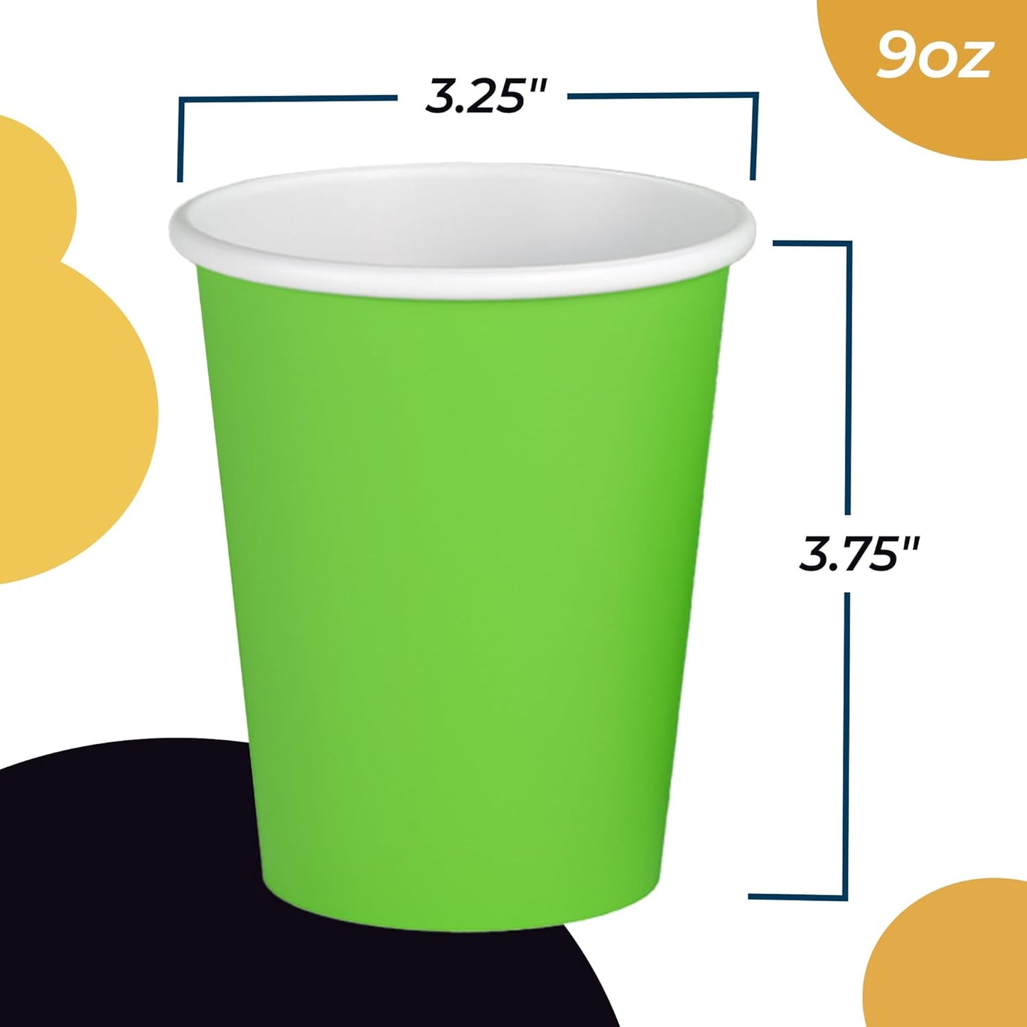 Party Solids Lime Green Paper Cups 9 oz Durable Disposable Cups 100 Paper Tumblers for Hot Drinks and Cold Drinks Thick 280 GSM Hot Cup for Tea & Coffee Cup To Go Fun Colors for Parties & Events