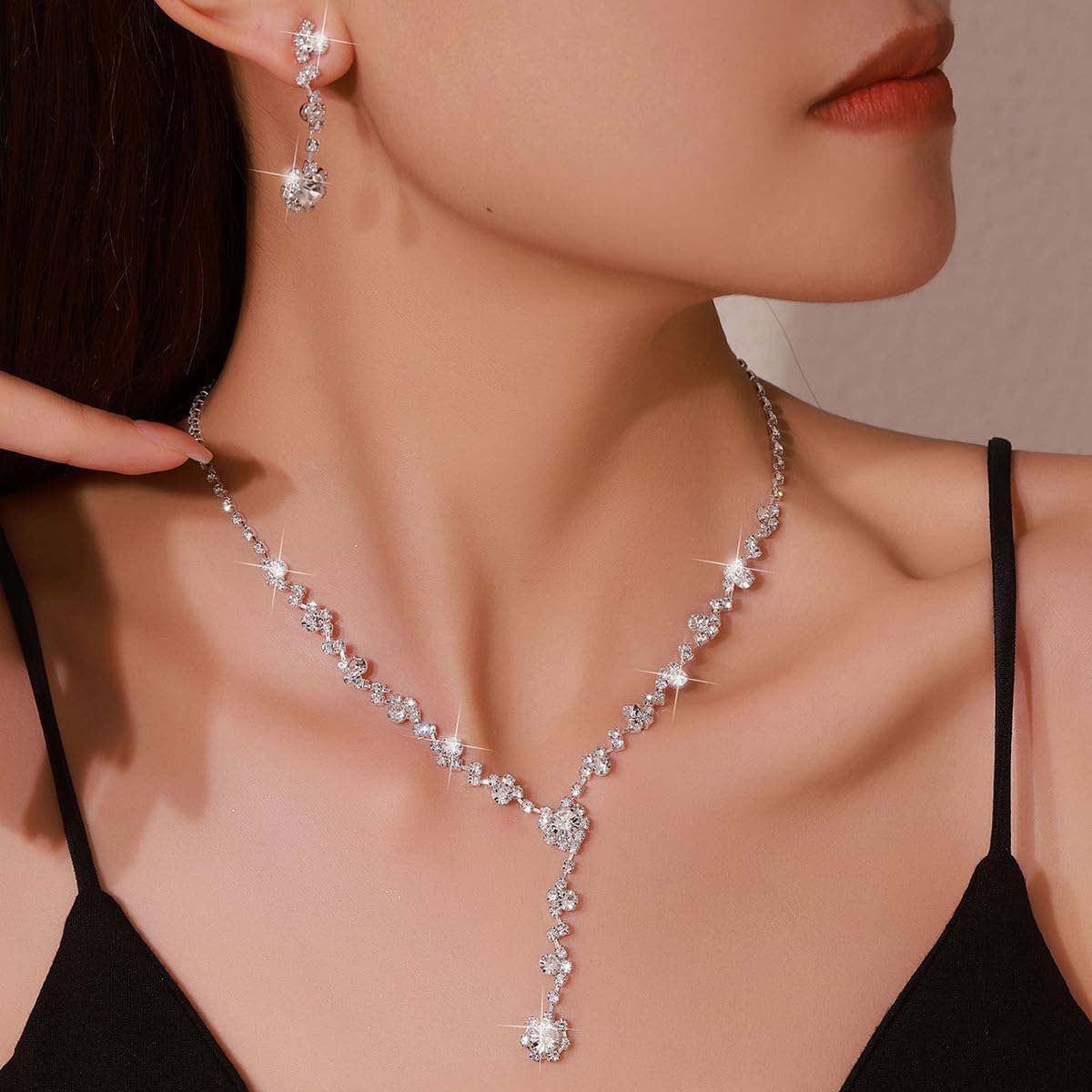 Silver Rhinestone Prom Jewelry Set for Women,Black Glitter Crystal Chain Choker Necklace Cz Drop Earring for Wedding Bridal,Formal Costume Accessories