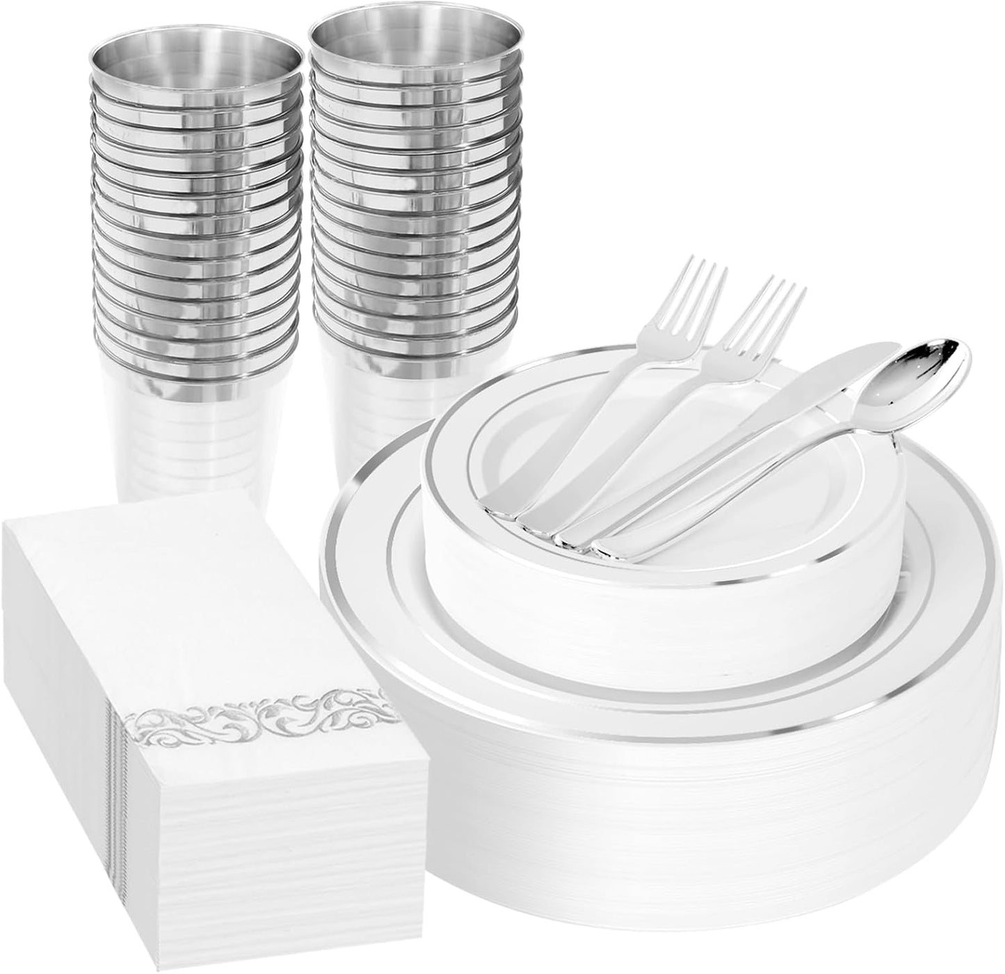 Supernal 200pcs Silver Plastic Dinnerware Sets for 25 Guests included Silver Silverware Set & Plastic Plates heavy duty Disposable Cups and Paper Napkins Disposable for Party Birthday and Wedding