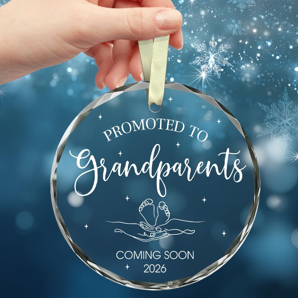 Christmas Grandparents Gifts - Promoted to Grandparents 2026 Ornament - First Time Grandparent Gifts for Grandma Grandpa - Baby Pregnancy Announcement Gift - Round Glass Ornament