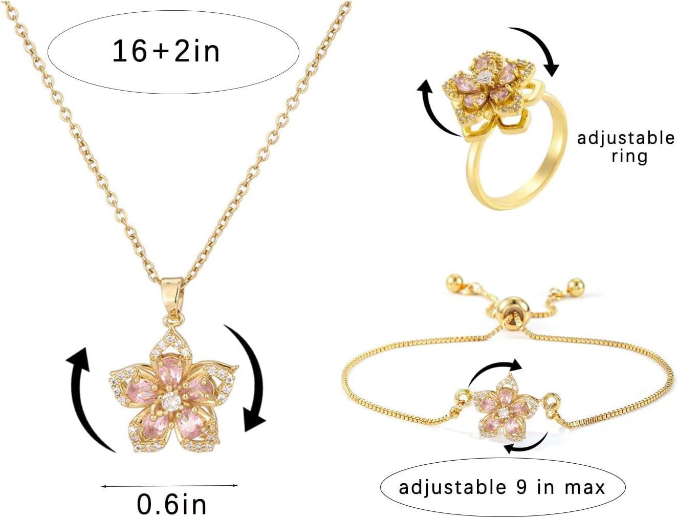 Necklace for Women Gold Flower Fidget Necklace Rotatable Crystal Silver Blossom Pendant Necklaces Adjustable Spinning Fidget Necklaces Redbud Flower Choker Funny Gift Jewelry