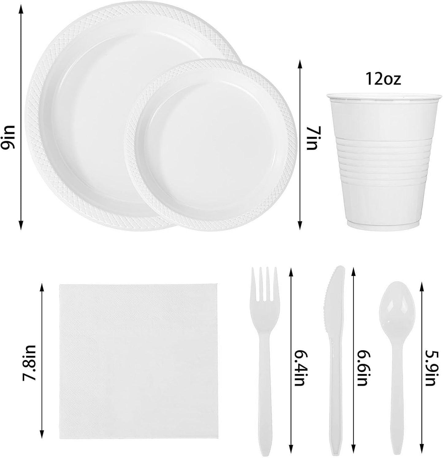 WELLIFE 210 Pieces White Party Supplies, White Plastic Dinnerware Set, Including Plates, 12OZ Cups, Plastic Cutlery and Paper Napkins Serve 30 Guests for Party