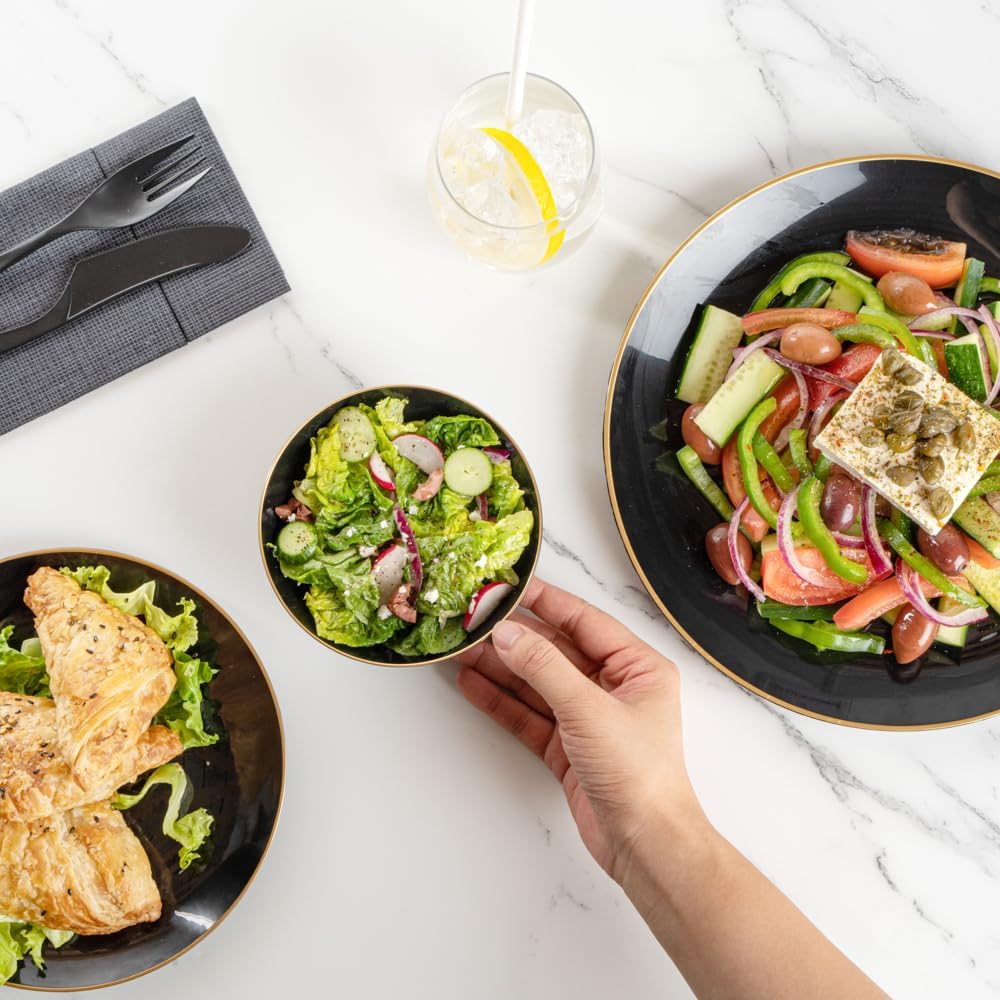 Restaurantware-Moderna 6 Ounce Plastic Bowls, 20 Durable Disposable Salad Bowls - Gold-Rimmed, Heavy-Duty, Black Plastic Fancy Bowl, For Warm And Cold Foods, Ideal For Restaurants