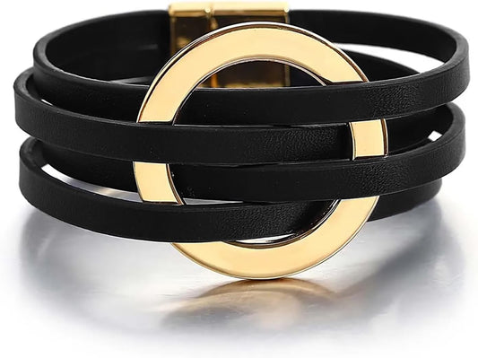 Fesciory Leopard Bracelet for Women, Boho Leather Wrap Multi-Layer Pearl Crystal Bracelet Bangle Jewelry