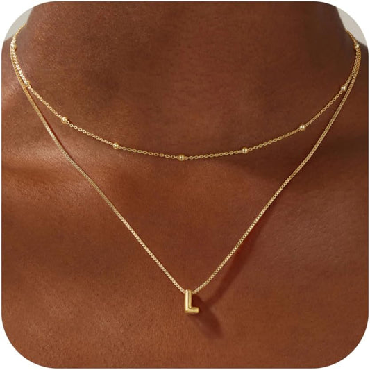Initial Necklaces for Women - Real Gold Plated Bubble Pendent Dainty Gold Necklace for Women Layered Gold Letter Necklace Beaded Box Chain Choker Necklace Jewelry for Women Gifts for Girls