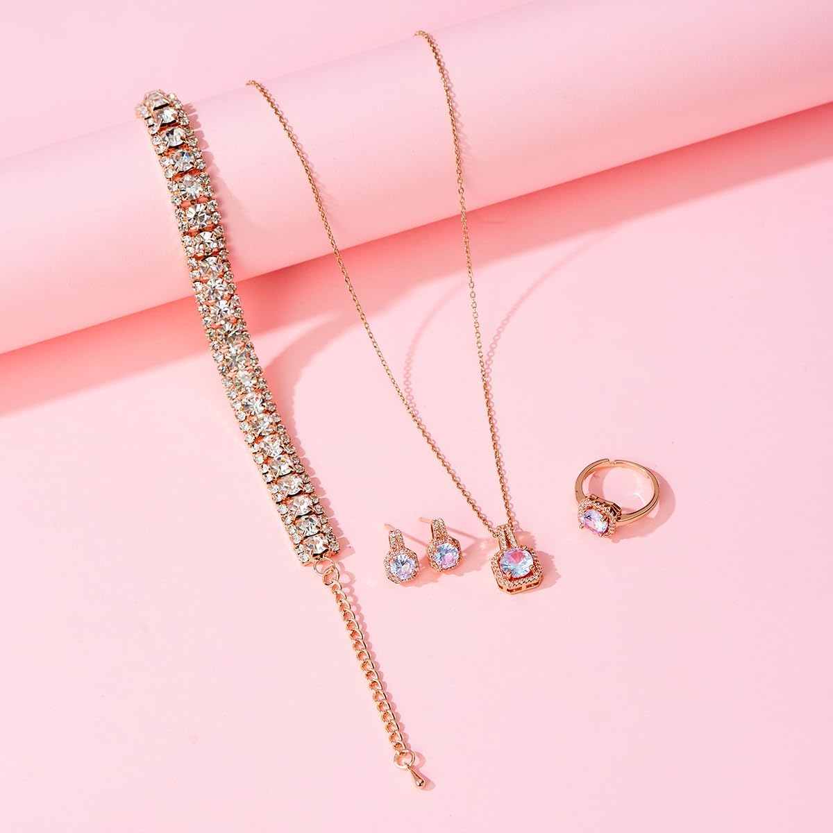 4pcs Cubic Zirconia Wedding Jewelry Sets for Bride Bridesmaid Cubic Zirconia Pendant Necklace Earrings Link Tennis Bracelet Open Ring Set for Women