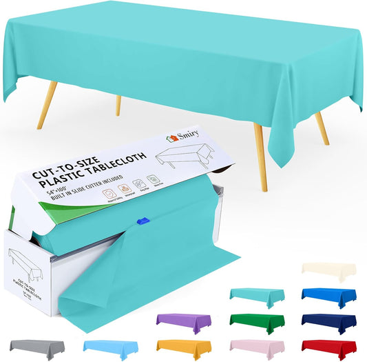 Smiry 54 Inch x 300 Feet Disposable Table Cover Roll, Teal Plastic Table Cloth in Cut-to-Size Box with Slide Cutter, Waterproof Rectangle Tablecloths for Weddings, Banquets, Outdoor
