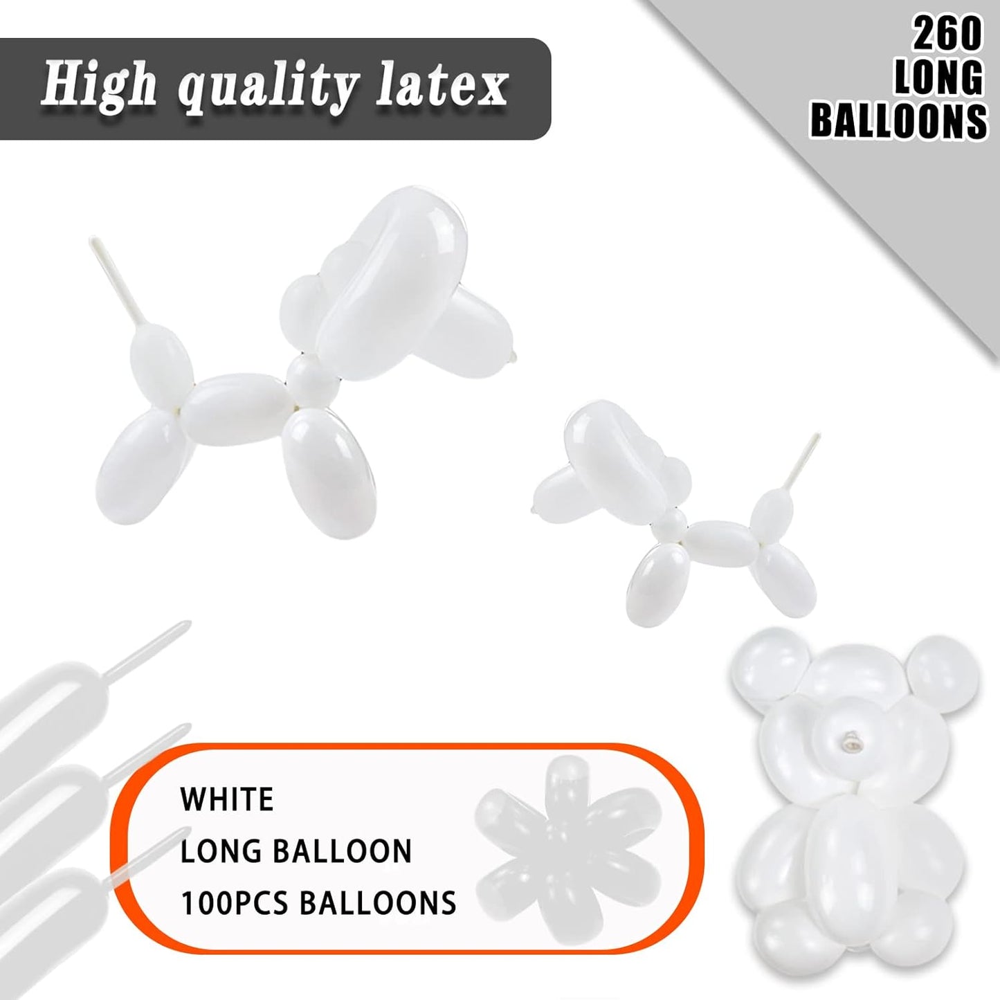 White 260 Long Balloons 100 Pack White Modeling Long Magic Balloons Thickening Latex Twisting DIY Animal Balloon for Birthday Wedding Christmas Festival Party Decoration (white balloon)
