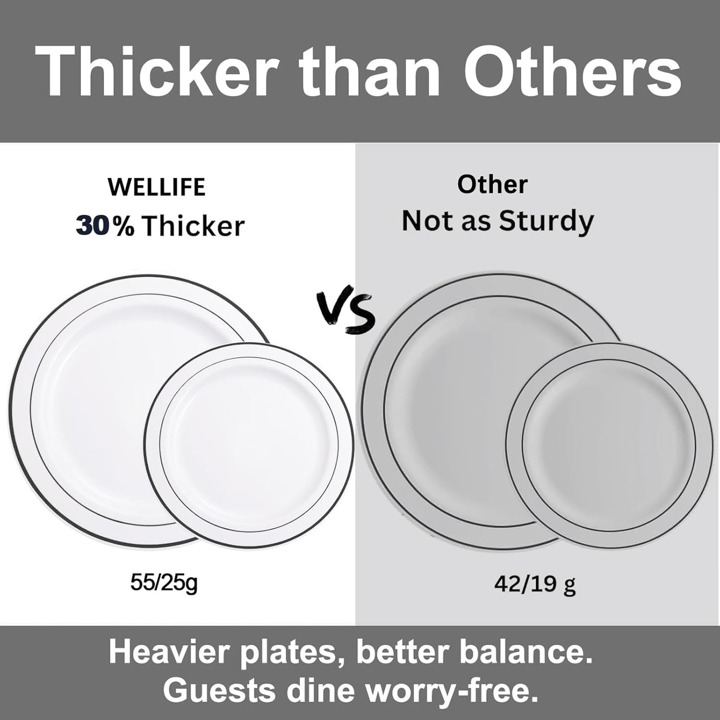 WELLIFE 210Pcs Black Plastic Dinnerware with Pre Rolled Napkins, Include:30 Dinner Plates, 30 Dessert Plates, 30 Paper Napkins, 30 Cups, 90 Plastic Cutlery