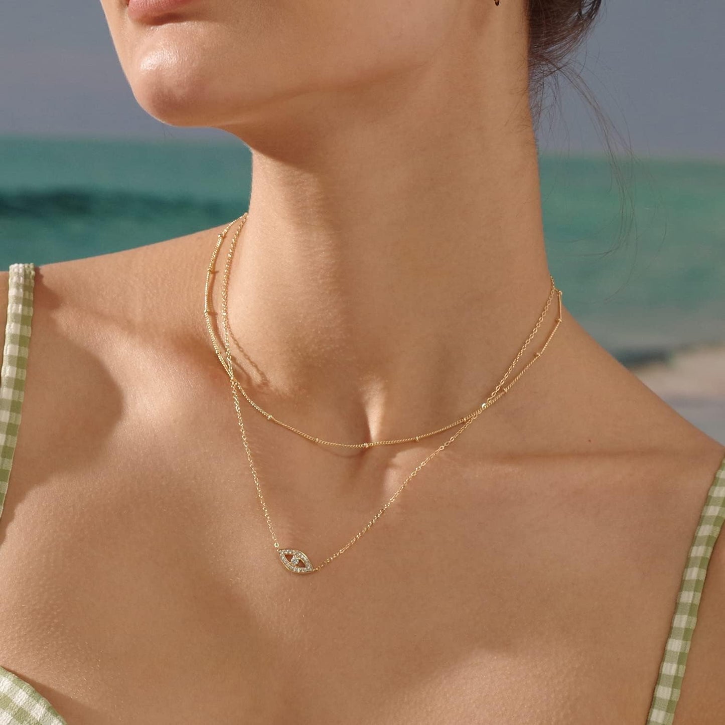 MEVECCO Layered Heart Necklace Pendant Handmade 18k Gold Plated Dainty Gold Choker Arrow Bar Layering Long Necklace for Women