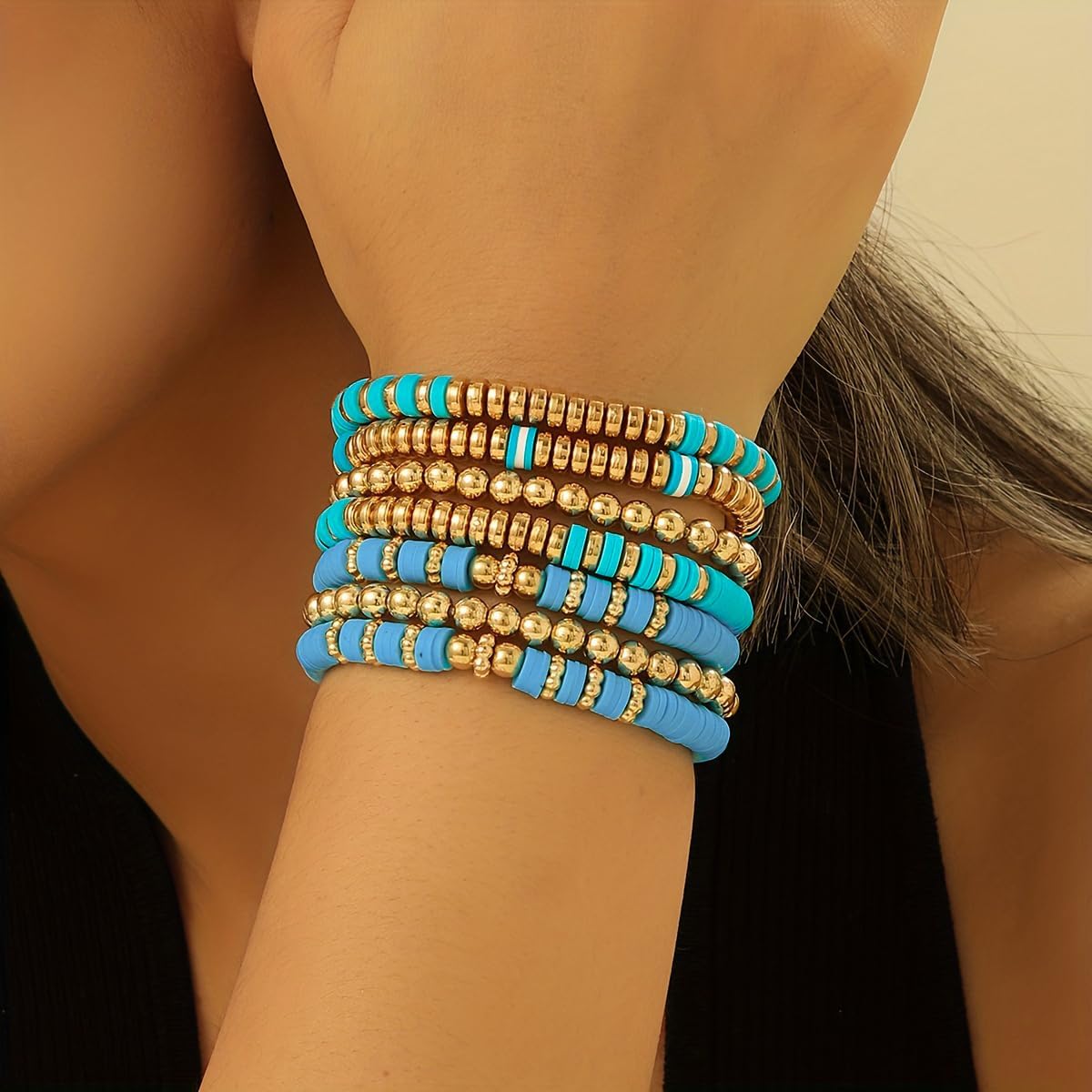 Friendship Bracelets for Women - Heishi Surfer Colorful Smile Evil Eye Clay Beaded Stretch Bracelets Elastic Layering - Stackable Boho Disc Y2K Aesthetic Summer Jewelry Set.