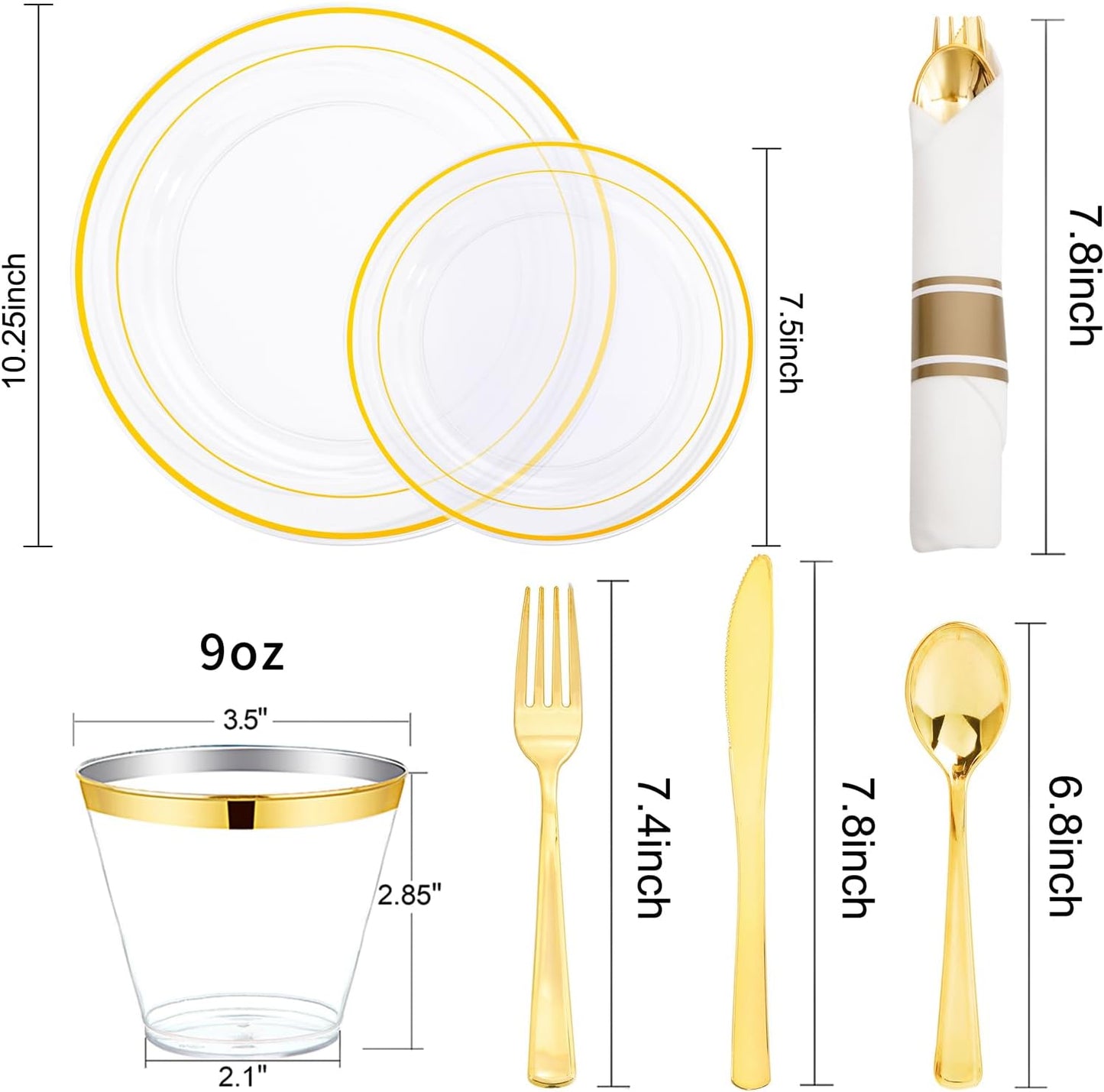 WELLIFE 350PCS Clear-Gold Plastic Plates - 100 Disposable Plates, 150Plastic Silverware, 50 Cups, 50 Napkins for Wedding & Party