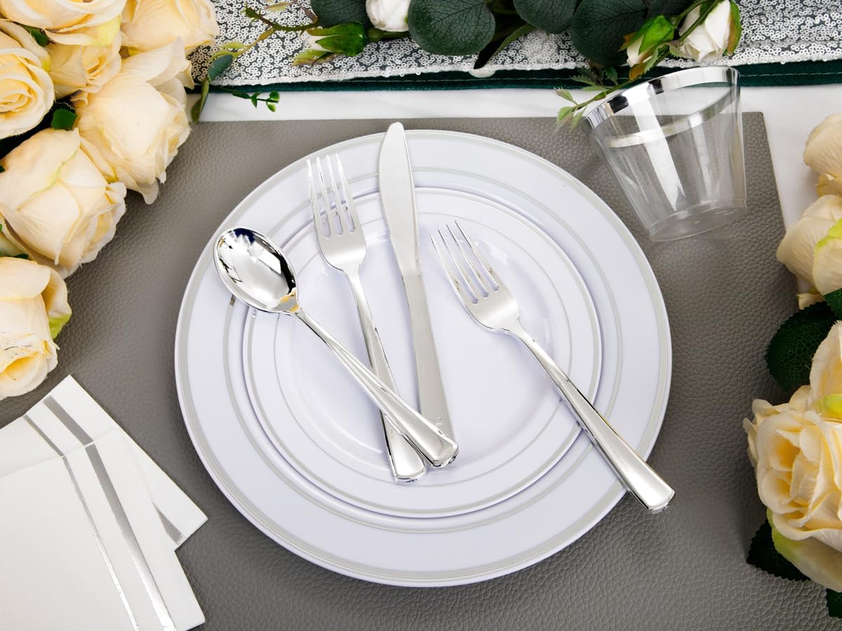 GATHER 176 Pieces Silver Plates - Disposable Silver Plastic Plates Includes 50 Plates, 75 Silverware, 25 Napkins, 25 Silver Rimmed Cups and 1 Tablecloth Perfect for Party & Weding