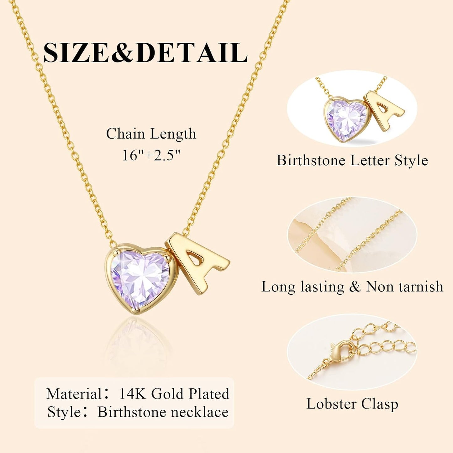 Heart Birthstone Initial Necklace for Women Girls,14K Gold Plated Heart Letter A-Z Necklace Dainty Birthday Trendy Jewelry Gifts for Women Girls Daughter