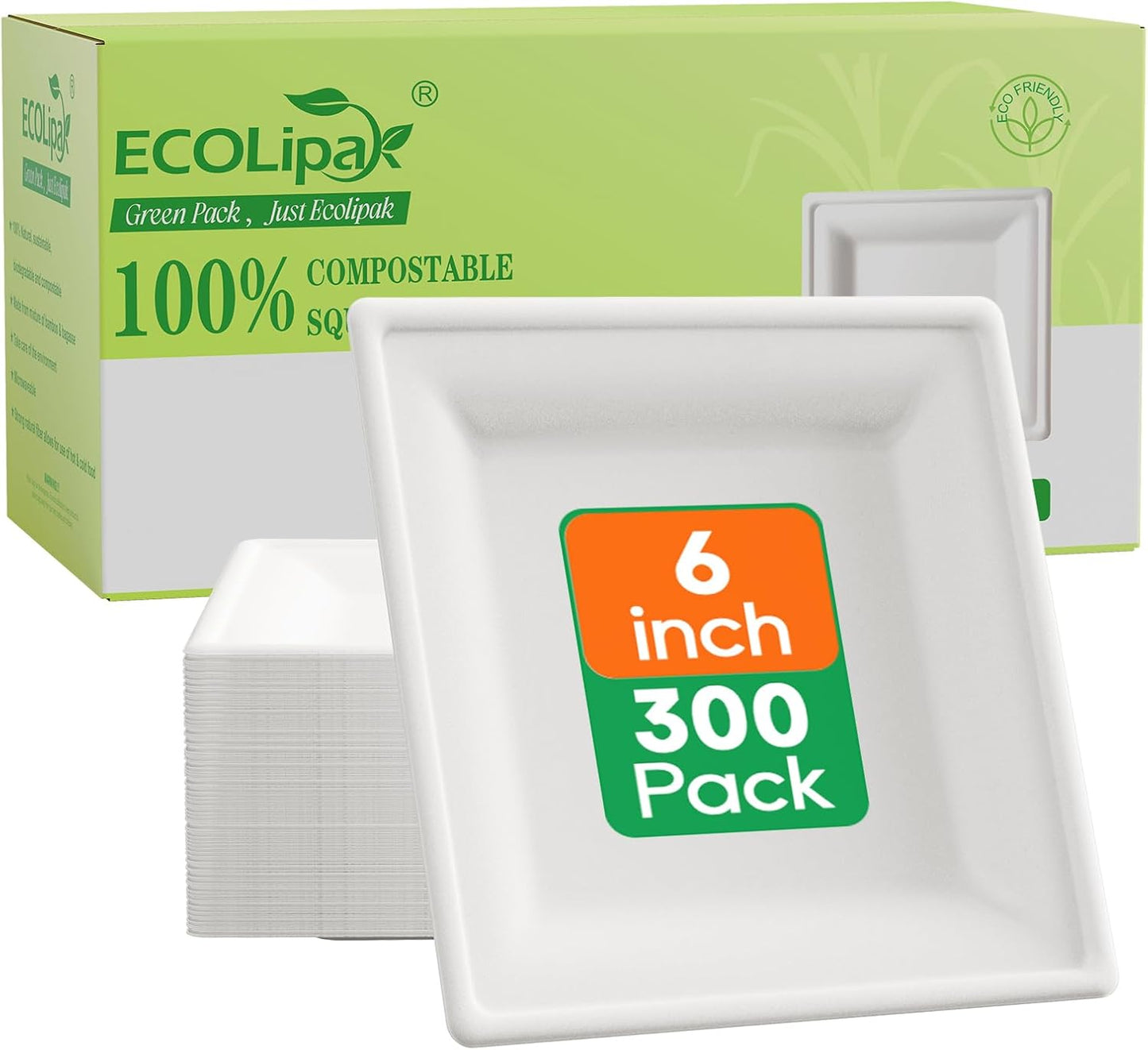 ECOLipak 6 Inch Compostable Square Paper Plates, 300 Count Heavy Duty White Small Paper Appetizer Plates, Disposable Biodegradable for Dessert Daily meals, Dinner, Parties, BBQ