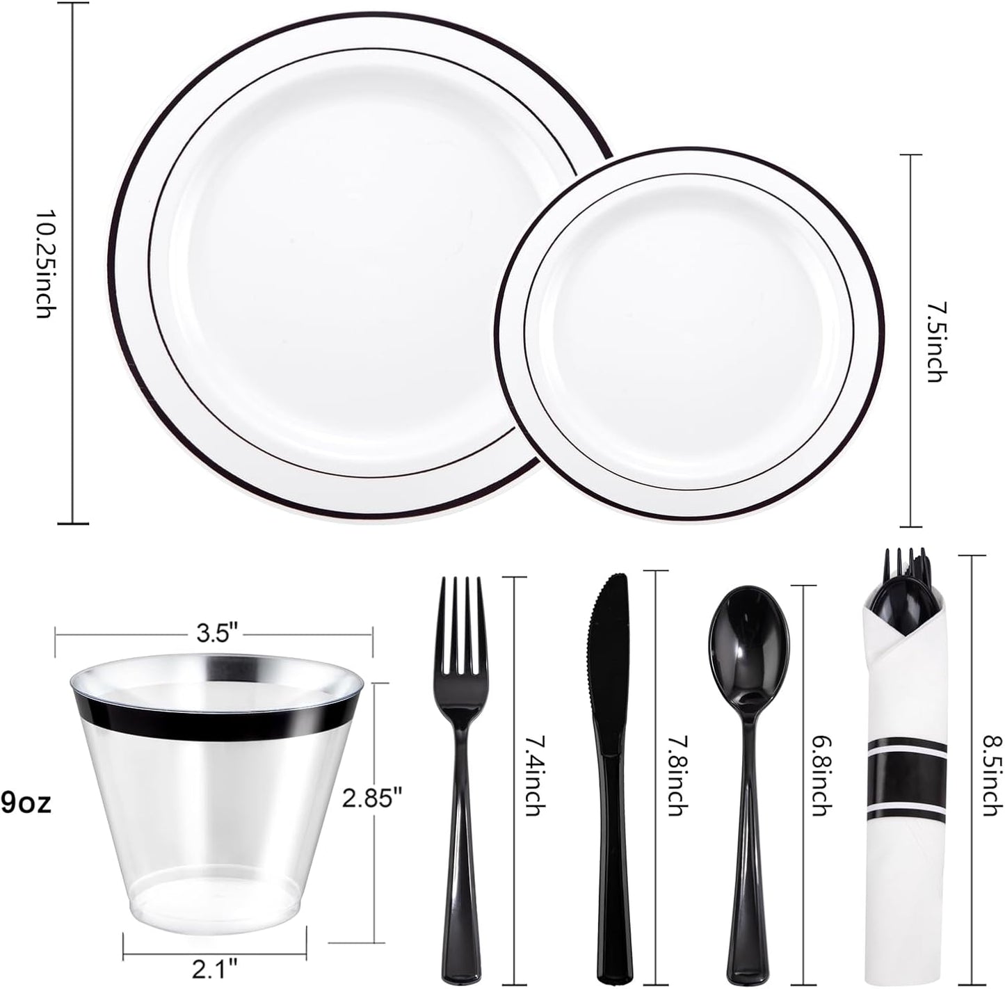 WELLIFE 210Pcs Black Plastic Dinnerware with Pre Rolled Napkins, Include:30 Dinner Plates, 30 Dessert Plates, 30 Paper Napkins, 30 Cups, 90 Plastic Cutlery