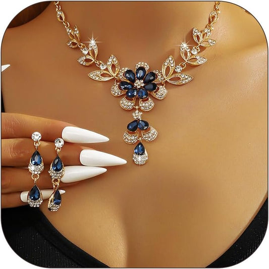 Wedding Jewelry Sets for Brides Rhinestone Necklace and Earring Set Bracelet Ring Gold Silver Prom Jewelry Sets Diamond Flower Teardrop Necklace for Women