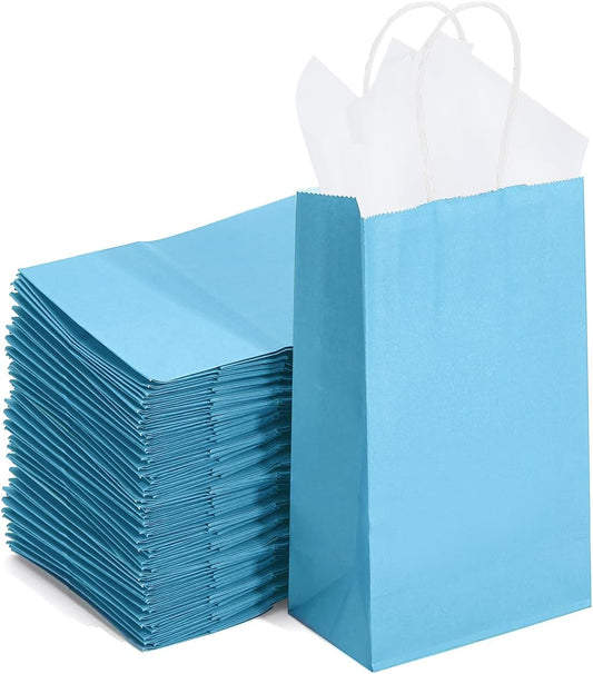 DjinnGlory 100 Pack Small Sized Blue Paper Bags with Handles Bulk for Merchandises, Christmas Gifts, Baby Blue Party Goodie Bags for Birthdays, Baby Showers, Weddings, 9x5.5x3.15 Inch