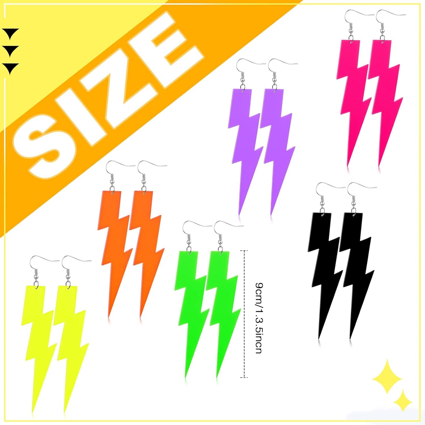Yinkin 6 Pairs 80s 90s Neon Earrings Lightning Earrings for Women Halloween Costume Party Dancing Glow Party Accessory