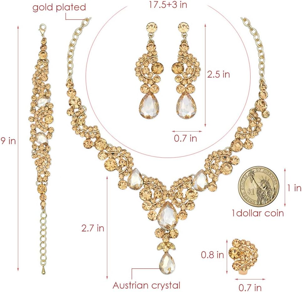 CSY Elegant Crystal Necklace Earrings Bracelet Ring Bridal Wedding Party Costume Jewelry Sets for Brides Women